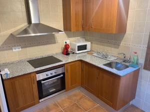 eine kleine Küche mit einer Spüle und einer Mikrowelle in der Unterkunft Saraís in Durro