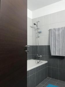 uma casa de banho com um chuveiro e uma banheira em Mazotos 54m2 One Bedroom Flat, "Panoramic Village" em Mazotos