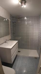a bathroom with a sink and a shower and a toilet at Living Gijon & Parking in Gijón