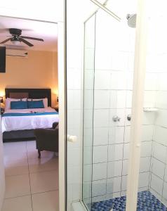 a bedroom with a bed and a glass shower at Hilton Gardens Guesthouse in Richards Bay