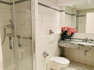 een badkamer met een toilet, een wastafel en een douche bij Villa Seepark App .4 in Heringsdorf