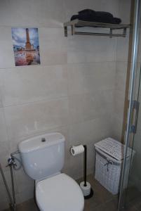 a bathroom with a toilet and a picture on the wall at La casa De Los Faros in El Puerto de Santa María +13 photos