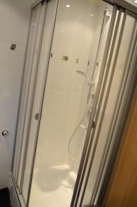 a shower with a glass door in a bathroom at Wohnung Ahorn in Riedstadt
