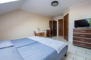a bedroom with a blue bed and a flat screen tv at Villa Sol in Grzybowo