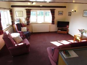 a living room with chairs and a flat screen tv at Prestwick Byre in Chiddingfold