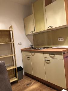eine Küche mit weißen Schränken und einem Regal in der Unterkunft Nina Apartment in Wiener Neustadt
