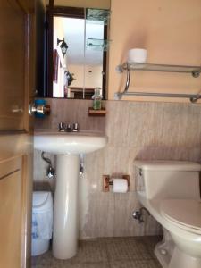 W łazience znajduje się umywalka, toaleta i lustro. w obiekcie Huasi Lodge w mieście Quito