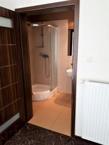 uma casa de banho com um chuveiro e uma banheira em Motel Orion Wolsztyn em Wolsztyn