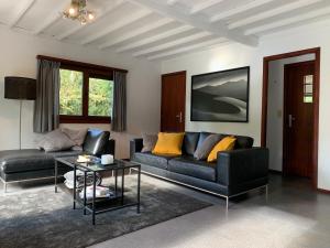 Barbençon的住宿－Clos des Chevreuils - Le Chalet，客厅配有沙发和桌子