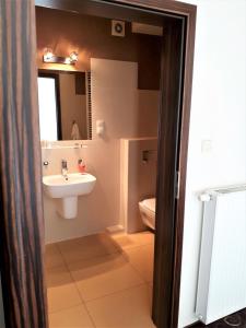 a bathroom with a sink and a toilet and a mirror at Motel Orion Wolsztyn in Wolsztyn