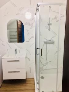a bathroom with a shower and a sink at Kaunas Castle Apartments - 2 Bedroom Flat in Kaunas