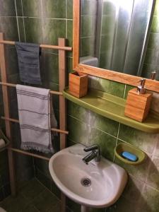 a bathroom with a sink and a mirror and towels at Greencajt in Jakopovec +22 photos