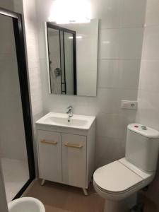 a bathroom with a toilet and a sink and a mirror at La casa de Blanca. Coqueto piso céntrico y cerca de todo in Almería