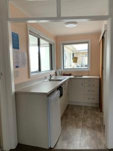 a kitchen with a sink and a dishwasher at Kingswood Motel in Waimate +61 photos