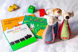 two stuffed animals next to a book and books at Chikyuutabikazoku USJ Ⅱ in Osaka