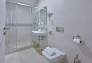 a bathroom with a shower and a toilet and a sink at Hotel Prague Star in Prague