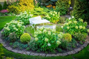 a bench in a garden with flowers and plants at City Center Garden Camping in Tallinn +145 photos