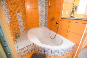 uma banheira na casa de banho com azulejos laranja em Apartments Ole em Tolmin