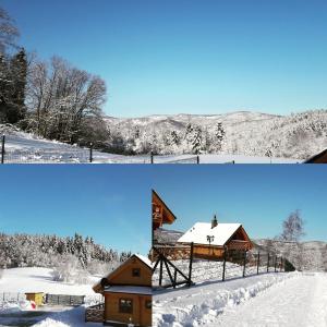 two pictures of a house in the snow at Cztery Pliszki in Zawoja