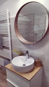 a bathroom with a white sink and a mirror at Várvölgy Vendégház - teljes ház, kizárólagos használattal in Veszprém