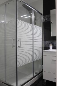 een glazen douche in een badkamer met een wastafel bij Duque de Loulé - Apartments - Apartamento E in São Martinho do Porto