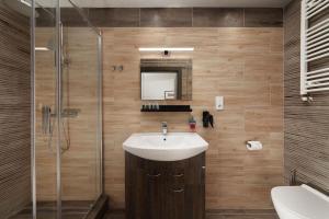 W łazience znajduje się umywalka i prysznic. w obiekcie Restaurace Hotel Praha w mieście Nižbor