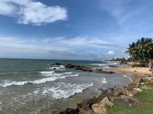 einen Strand mit Felsen, Meer und Palmen in der Unterkunft Colombo Beach Hostel in Mount Lavinia