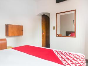 1 dormitorio con una manta roja en una cama con espejo en OYO Hotel Park Leste, São Paulo, en São Paulo