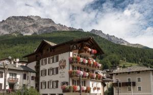 un edificio con cajas de flores delante de una montaña en Meublè Garnì Della Contea en Bormio