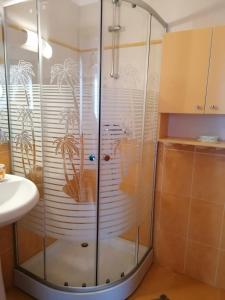 um chuveiro com uma porta de vidro na casa de banho em Villa Edera Residence - Gazda Profesionista em Bucareste