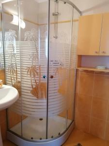 una ducha con puerta de cristal en un baño en Villa Edera Residence - Gazda Profesionista, en Bucarest