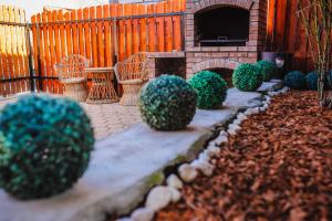 a garden with chairs and a fireplace and a fence at Casa de Vacanta Cris in Băile Olăneşti