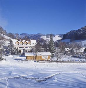 um campo coberto de neve com uma casa ao fundo em Landhotel Reckenberg em Stegen