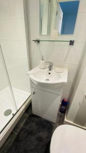 een badkamer met een wastafel, een toilet en een douche bij Small Self Contained Studio In Sutton Coldfield in Birmingham