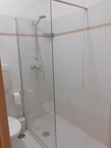 bagno con doccia e servizi igienici. di Hotel Colibrì a Finale Ligure