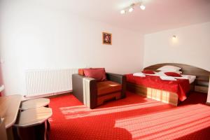 a bedroom with a bed and a chair in it at Vila Moecel in Moieciu de Sus