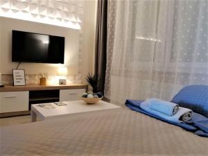 a bedroom with a bed with a tv and a window at Sweet Central Apartment ,in the City center in Eger