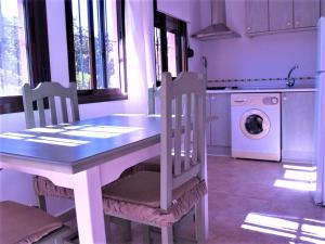 a kitchen with a table and chairs and a washing machine at Apartamentos Turisticos Trajano in Bolonia