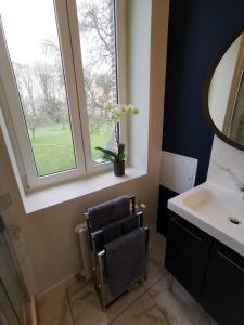 a bathroom with a sink and a chair under a window at Manoir des Carreaux Chambres d'hôtes in Ingouville