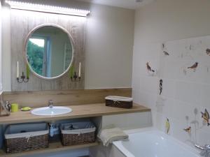 a bathroom with a sink and a tub and a mirror at L ' AMIRADOU in Félines-sur-Rimandoule +22 photos