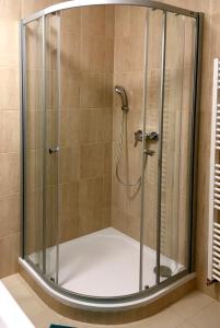 a shower with a glass enclosure in a bathroom at Apartmány Šachty in Vysoké nad Jizerou