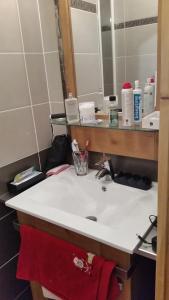La salle de bains est pourvue d'un lavabo, d'une serviette rouge et d'un miroir. dans l'établissement appart chalet hameau des rennes - luxe -pied des pistes, à Vars