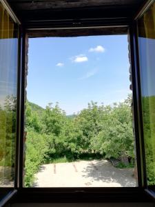 una ventana con vistas al jardín desde una casa en Agriturismo Tenuta Antica, en Cessole