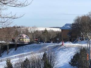 a snow covered yard with a house and a barn at Hôtel Restaurant Wolf in Markstein 