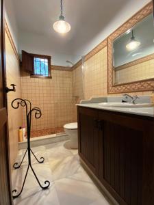 Un baño con lavabo, inodoro y espejo. en Conil Alojamientos Manrey, en Conil de la Frontera