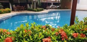 a large swimming pool with flowers in a yard at Hotel El Rancho in San Juan Bautista Tuxtepec