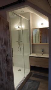ファヴェルジュにあるChambres d'hôtes Olachat proche Annecyのバスルーム(ガラス張りのシャワー、シンク付)