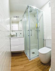 La salle de bains est pourvue de toilettes et d'une douche en verre. dans l'établissement Ampuries Delta Apartment, à Empuriabrava