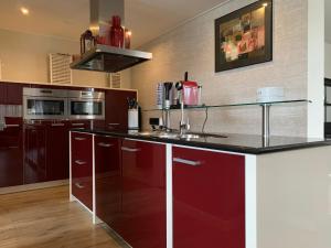 a kitchen with red cabinets and a counter top at Texelheerlijk 4 in De Koog
