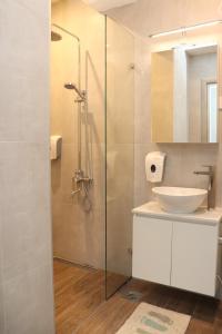 a bathroom with a sink and a glass shower at Foxxy Luxury Apartments in Skopje